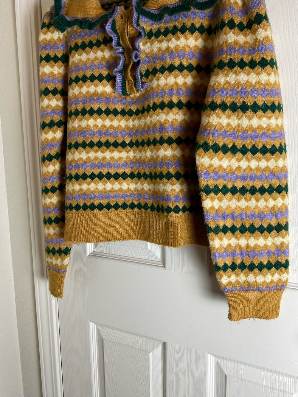 MANGO Arlequin Geometric Pattern Ruffle Detail Polo Sweater size Xl - Picture 4 of 12